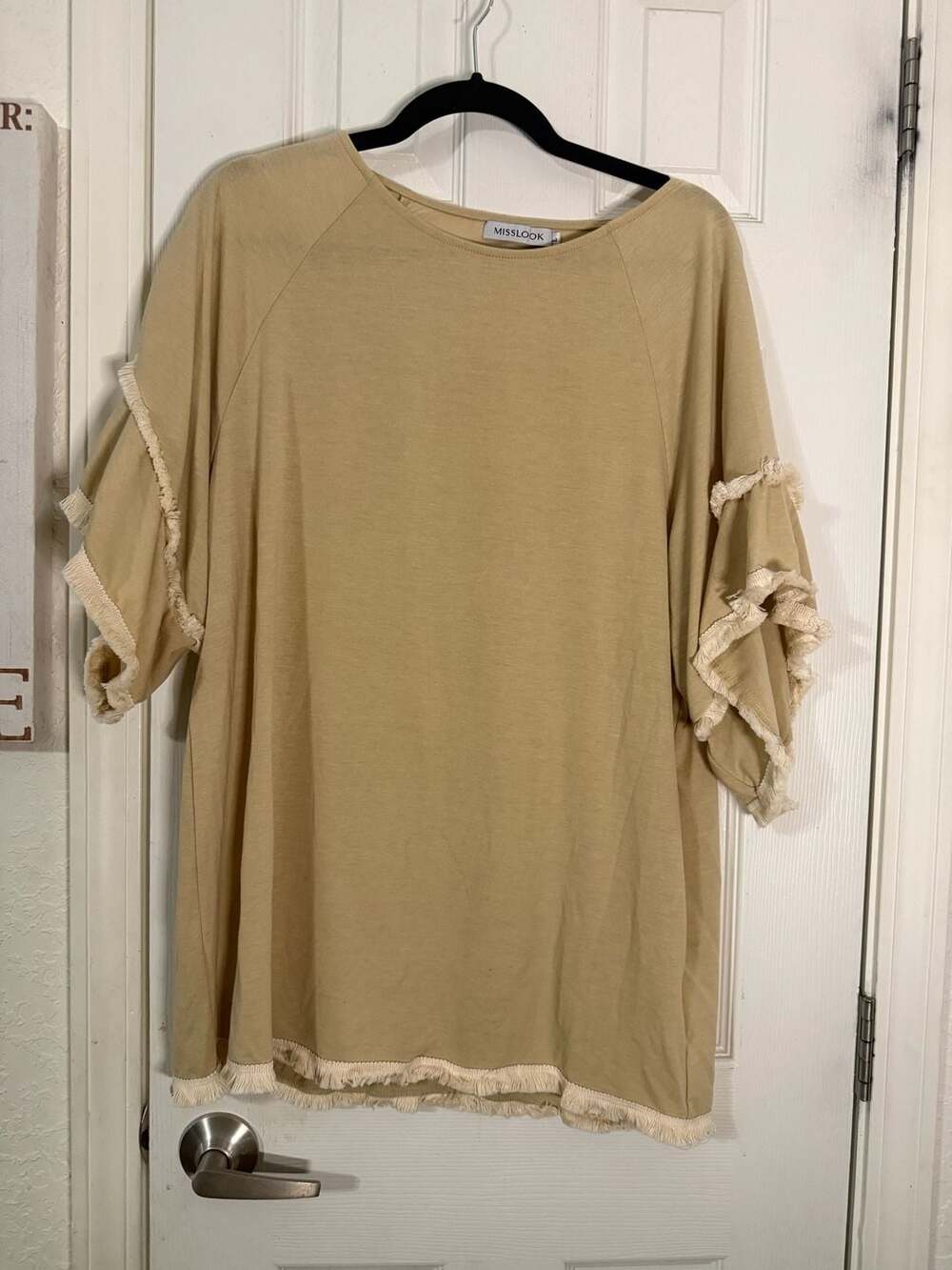 Misslook 951885# Linen Khaki Short Sleeve T-Shirt with Frayed Ruffle Hem Size L